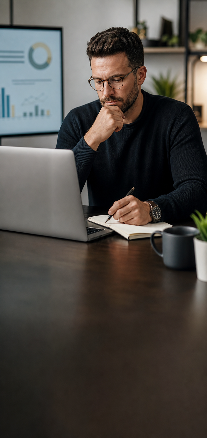Educador de investimentos analisando anotações em um escritório