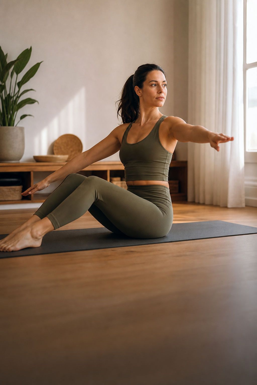 Instrutora demonstrando pilates em um ambiente doméstico